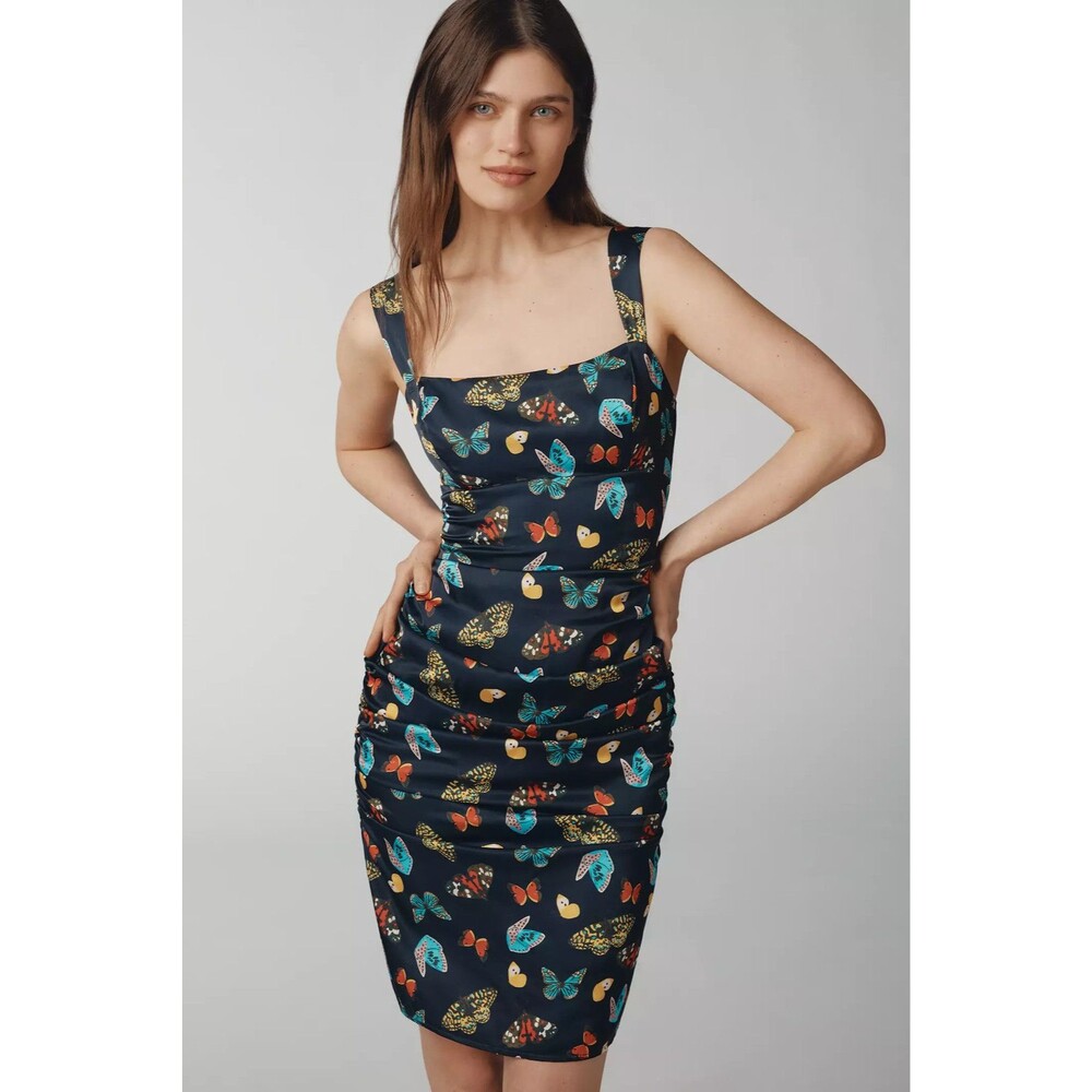 Maeve Dress Womens Small Multicolor Butterfly Ruched Bodycon Tank Knee Length